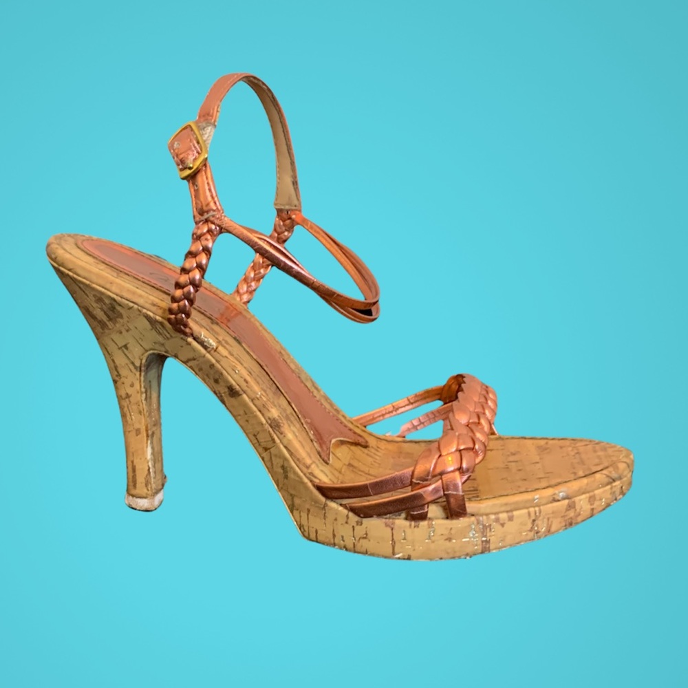Metallic Coral Braided Strap Sandal with Cork Heels Size 6